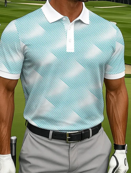 Sale OUKU Men's Polo Casual Sports Turndown Short Sleeve Fashion Leisure Geometic Golf 3D Print Buttons Summer Lake Blue Blue Sky Blue Polo