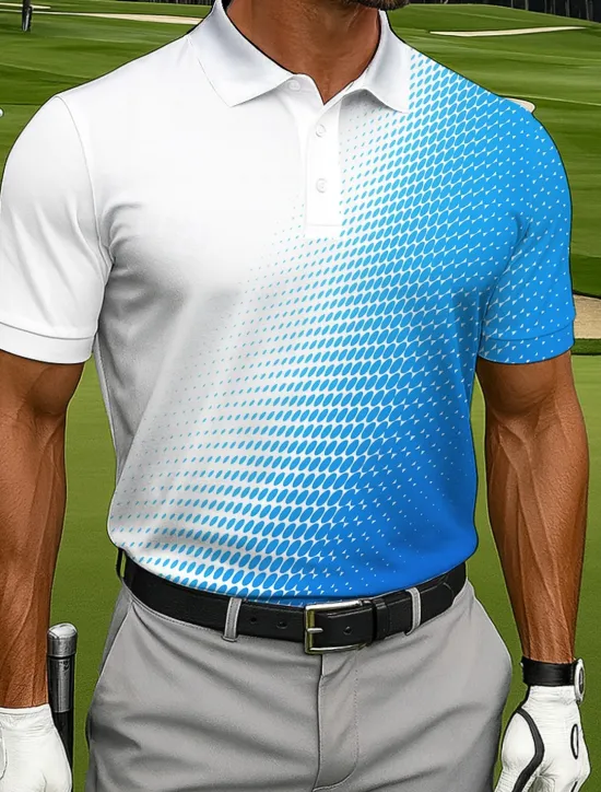 Hot OUKU Men's Polo Casual Sports Turndown Short Sleeve Fashion Leisure Geometic Golf 3D Print Buttons Summer Violet Lake Blue Blue Polo