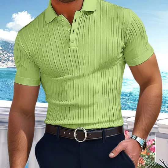 Online OUKU Men's Polo Golf Shirt Business Casual Ribbed Polo Collar Classic Short Sleeve Basic Modern Solid Color Knitted Ribbed Spring & Summer Regular Fit Light Blue Pink Green Polo