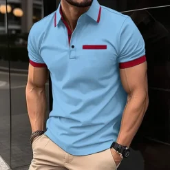 Outlet OUKU Men's Polo Golf Shirt Business Casual Classic Short Sleeve Fashion Solid Color Buttons Pocket Summer Spring Regular Fit Black White Navy Blue Sky Blue Light Grey Polo