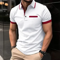 Outlet OUKU Men's Polo Golf Shirt Business Casual Classic Short Sleeve Fashion Solid Color Buttons Pocket Summer Spring Regular Fit Black White Navy Blue Sky Blue Light Grey Polo