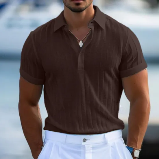 Online OUKU Men's Polo Golf Shirt Casual Holiday Ribbed Polo Collar Short Sleeve Fashion Basic Stripe Plain Button Quick Dry Summer Regular Fit Light Blue White Purple Khaki Polo