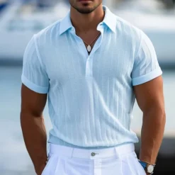 Online OUKU Men's Polo Golf Shirt Casual Holiday Ribbed Polo Collar Short Sleeve Fashion Basic Stripe Plain Button Quick Dry Summer Regular Fit Light Blue White Purple Khaki Polo