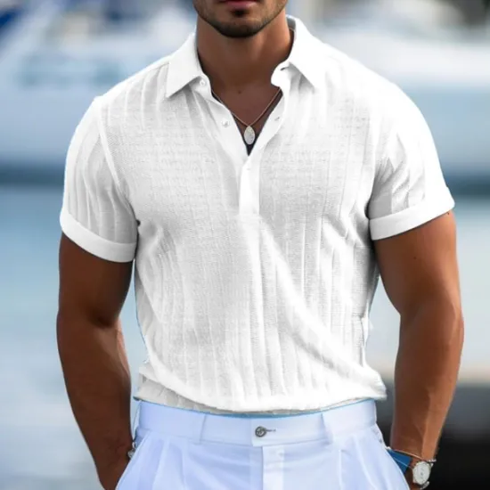 Online OUKU Men's Polo Golf Shirt Casual Holiday Ribbed Polo Collar Short Sleeve Fashion Basic Stripe Plain Button Quick Dry Summer Regular Fit Light Blue White Purple Khaki Polo