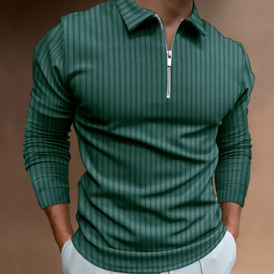 New OUKU Men's Polo Golf Shirt Casual Quarter Zip Long Sleeve Casual Old Money Style Striped Zipper Stripe Spring Fall Spring & Summer Regular Fit Light Pink Light Blue Black White Light Green Wine Polo