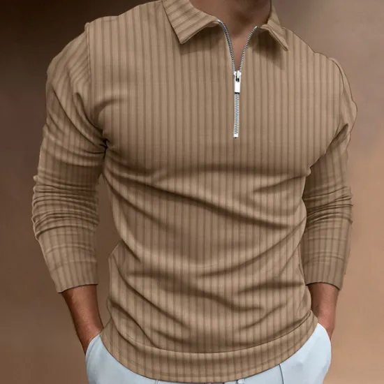 New OUKU Men's Polo Golf Shirt Casual Quarter Zip Long Sleeve Casual Old Money Style Striped Zipper Stripe Spring Fall Spring & Summer Regular Fit Light Pink Light Blue Black White Light Green Wine Polo