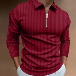 New OUKU Men's Polo Golf Shirt Casual Quarter Zip Long Sleeve Casual Old Money Style Striped Zipper Stripe Spring Fall Spring & Summer Regular Fit Light Pink Light Blue Black White Light Green Wine Polo
