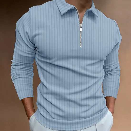 New OUKU Men's Polo Golf Shirt Casual Quarter Zip Long Sleeve Casual Old Money Style Striped Zipper Stripe Spring Fall Spring & Summer Regular Fit Light Pink Light Blue Black White Light Green Wine Polo