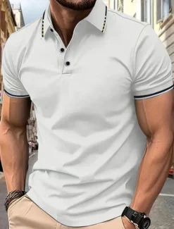 OUKU Men's Polo Golf Shirt Street Casual Lapel Short Sleeve Fashion Modern Color Block Buttons Summer Black White Pink Wine Navy Blue Royal Blue Polo