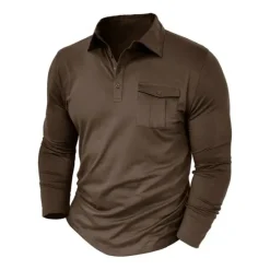 New OUKU Men's Polo Shirt Button Up Polos Casual Sports Lapel Long Sleeve Fashion Basic Plain Button Pocket Spring & Fall Regular Fit Black White Army Green Red Navy Blue Dark Green Polo Shirt