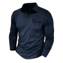 New OUKU Men's Polo Shirt Button Up Polos Casual Sports Lapel Long Sleeve Fashion Basic Plain Button Pocket Spring & Fall Regular Fit Black White Army Green Red Navy Blue Dark Green Polo Shirt