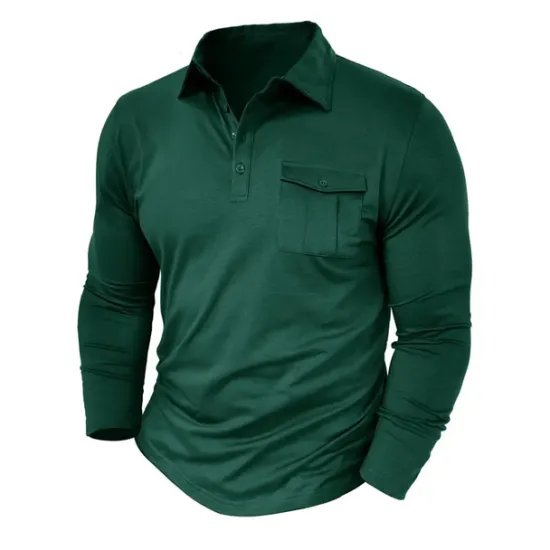 New OUKU Men's Polo Shirt Button Up Polos Casual Sports Lapel Long Sleeve Fashion Basic Plain Button Pocket Spring & Fall Regular Fit Black White Army Green Red Navy Blue Dark Green Polo Shirt