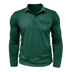 New OUKU Men's Polo Shirt Button Up Polos Casual Sports Lapel Long Sleeve Fashion Basic Plain Button Pocket Spring & Fall Regular Fit Black White Army Green Red Navy Blue Dark Green Polo Shirt