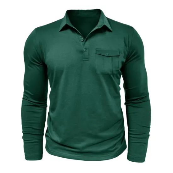 New OUKU Men's Polo Shirt Button Up Polos Casual Sports Lapel Long Sleeve Fashion Basic Plain Button Pocket Spring & Fall Regular Fit Black White Army Green Red Navy Blue Dark Green Polo Shirt