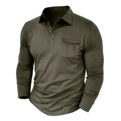 New OUKU Men's Polo Shirt Button Up Polos Casual Sports Lapel Long Sleeve Fashion Basic Plain Button Pocket Spring & Fall Regular Fit Black White Army Green Red Navy Blue Dark Green Polo Shirt