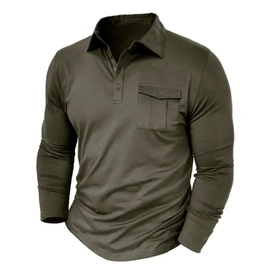 New OUKU Men's Polo Shirt Button Up Polos Casual Sports Lapel Long Sleeve Fashion Basic Plain Button Pocket Spring & Fall Regular Fit Black White Army Green Red Navy Blue Dark Green Polo Shirt
