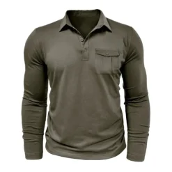 New OUKU Men's Polo Shirt Button Up Polos Casual Sports Lapel Long Sleeve Fashion Basic Plain Button Pocket Spring & Fall Regular Fit Black White Army Green Red Navy Blue Dark Green Polo Shirt
