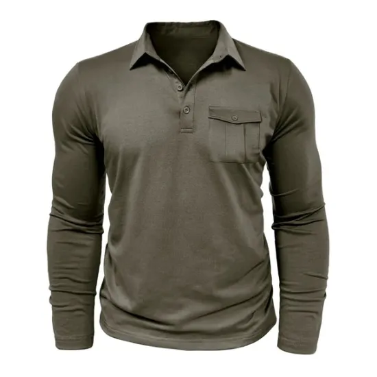 New OUKU Men's Polo Shirt Button Up Polos Casual Sports Lapel Long Sleeve Fashion Basic Plain Button Pocket Spring & Fall Regular Fit Black White Army Green Red Navy Blue Dark Green Polo Shirt