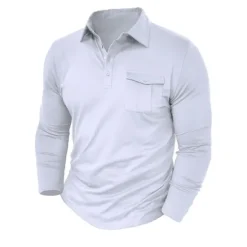 New OUKU Men's Polo Shirt Button Up Polos Casual Sports Lapel Long Sleeve Fashion Basic Plain Button Pocket Spring & Fall Regular Fit Black White Army Green Red Navy Blue Dark Green Polo Shirt