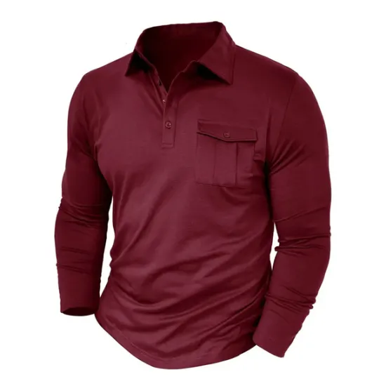 New OUKU Men's Polo Shirt Button Up Polos Casual Sports Lapel Long Sleeve Fashion Basic Plain Button Pocket Spring & Fall Regular Fit Black White Army Green Red Navy Blue Dark Green Polo Shirt