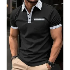 New OUKU Men's Polo Shirt Button Up Polos Casual Sports Lapel Short Sleeve Fashion Basic Color Block Houndstooth Patchwork Pocket Summer Regular Fit Black White Navy Blue Blue Khaki Polo Shirt
