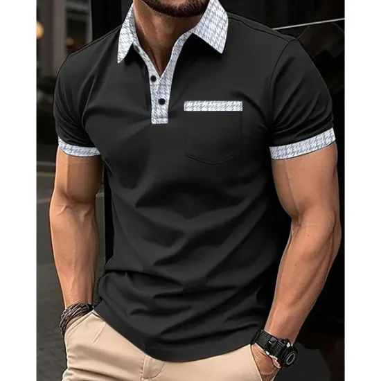 New OUKU Men's Polo Shirt Button Up Polos Casual Sports Lapel Short Sleeve Fashion Basic Color Block Houndstooth Patchwork Pocket Summer Regular Fit Black White Navy Blue Blue Khaki Polo Shirt