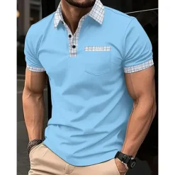 New OUKU Men's Polo Shirt Button Up Polos Casual Sports Lapel Short Sleeve Fashion Basic Color Block Houndstooth Patchwork Pocket Summer Regular Fit Black White Navy Blue Blue Khaki Polo Shirt