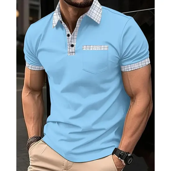 New OUKU Men's Polo Shirt Button Up Polos Casual Sports Lapel Short Sleeve Fashion Basic Color Block Houndstooth Patchwork Pocket Summer Regular Fit Black White Navy Blue Blue Khaki Polo Shirt