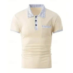 New OUKU Men's Polo Shirt Button Up Polos Casual Sports Lapel Short Sleeve Fashion Basic Color Block Houndstooth Patchwork Pocket Summer Regular Fit Black White Navy Blue Blue Khaki Polo Shirt