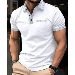 New OUKU Men's Polo Shirt Button Up Polos Casual Sports Lapel Short Sleeve Fashion Basic Color Block Houndstooth Patchwork Pocket Summer Regular Fit Black White Navy Blue Blue Khaki Polo Shirt