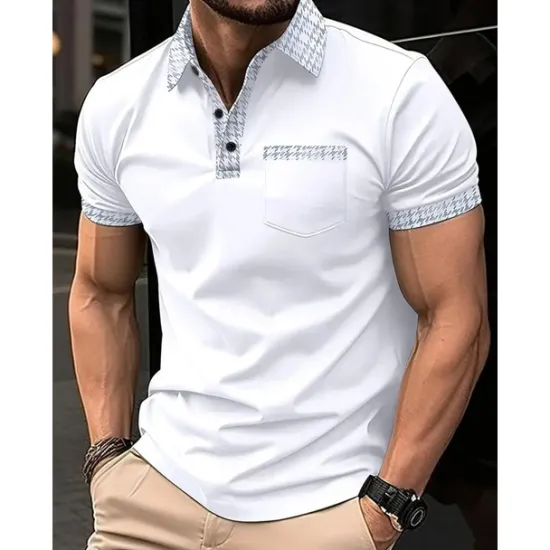 New OUKU Men's Polo Shirt Button Up Polos Casual Sports Lapel Short Sleeve Fashion Basic Color Block Houndstooth Patchwork Pocket Summer Regular Fit Black White Navy Blue Blue Khaki Polo Shirt