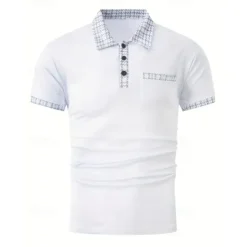 New OUKU Men's Polo Shirt Button Up Polos Casual Sports Lapel Short Sleeve Fashion Basic Color Block Houndstooth Patchwork Pocket Summer Regular Fit Black White Navy Blue Blue Khaki Polo Shirt