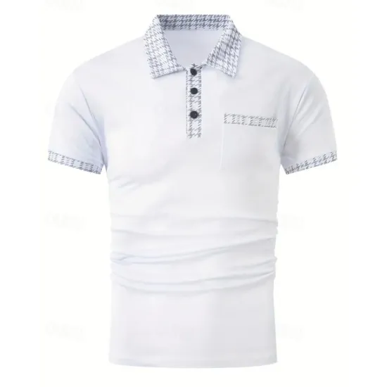 New OUKU Men's Polo Shirt Button Up Polos Casual Sports Lapel Short Sleeve Fashion Basic Color Block Houndstooth Patchwork Pocket Summer Regular Fit Black White Navy Blue Blue Khaki Polo Shirt