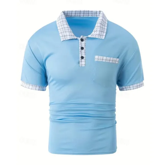 New OUKU Men's Polo Shirt Button Up Polos Casual Sports Lapel Short Sleeve Fashion Basic Color Block Houndstooth Patchwork Pocket Summer Regular Fit Black White Navy Blue Blue Khaki Polo Shirt