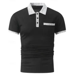 New OUKU Men's Polo Shirt Button Up Polos Casual Sports Lapel Short Sleeve Fashion Basic Color Block Houndstooth Patchwork Pocket Summer Regular Fit Black White Navy Blue Blue Khaki Polo Shirt