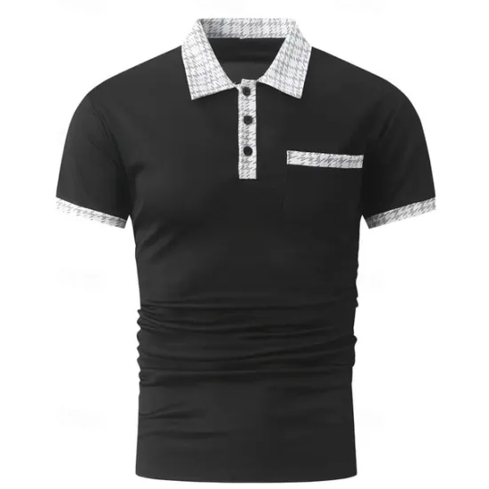 New OUKU Men's Polo Shirt Button Up Polos Casual Sports Lapel Short Sleeve Fashion Basic Color Block Houndstooth Patchwork Pocket Summer Regular Fit Black White Navy Blue Blue Khaki Polo Shirt