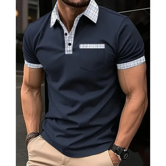 New OUKU Men's Polo Shirt Button Up Polos Casual Sports Lapel Short Sleeve Fashion Basic Color Block Houndstooth Patchwork Pocket Summer Regular Fit Black White Navy Blue Blue Khaki Polo Shirt