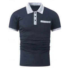 New OUKU Men's Polo Shirt Button Up Polos Casual Sports Lapel Short Sleeve Fashion Basic Color Block Houndstooth Patchwork Pocket Summer Regular Fit Black White Navy Blue Blue Khaki Polo Shirt