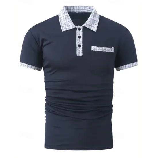 New OUKU Men's Polo Shirt Button Up Polos Casual Sports Lapel Short Sleeve Fashion Basic Color Block Houndstooth Patchwork Pocket Summer Regular Fit Black White Navy Blue Blue Khaki Polo Shirt