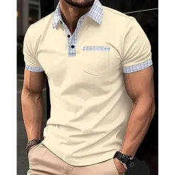 New OUKU Men's Polo Shirt Button Up Polos Casual Sports Lapel Short Sleeve Fashion Basic Color Block Houndstooth Patchwork Pocket Summer Regular Fit Black White Navy Blue Blue Khaki Polo Shirt