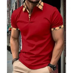 Hot OUKU Men's Polo Shirt Button Up Polos Casual Holiday Lapel Short Sleeve Fashion Basic Plaid Color Block Patchwork Summer Regular Fit Black White Red Navy Blue Sky Blue Beige Polo Shirt