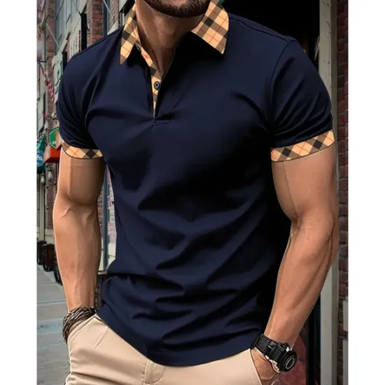 Hot OUKU Men's Polo Shirt Button Up Polos Casual Holiday Lapel Short Sleeve Fashion Basic Plaid Color Block Patchwork Summer Regular Fit Black White Red Navy Blue Sky Blue Beige Polo Shirt