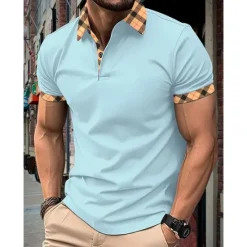 Hot OUKU Men's Polo Shirt Button Up Polos Casual Holiday Lapel Short Sleeve Fashion Basic Plaid Color Block Patchwork Summer Regular Fit Black White Red Navy Blue Sky Blue Beige Polo Shirt