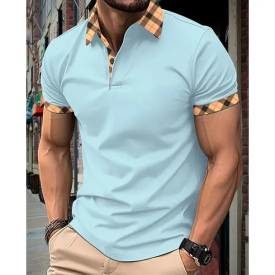 Hot OUKU Men's Polo Shirt Button Up Polos Casual Holiday Lapel Short Sleeve Fashion Basic Plaid Color Block Patchwork Summer Regular Fit Black White Red Navy Blue Sky Blue Beige Polo Shirt