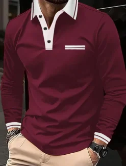 Clearance OUKU Men's Polo Shirt Button Up Polos Casual Sports Lapel Long Sleeve Fashion Basic Color Block Button Pocket Spring & Fall Regular Fit Navy Wine Dark Gray Light Grey Polo Shirt
