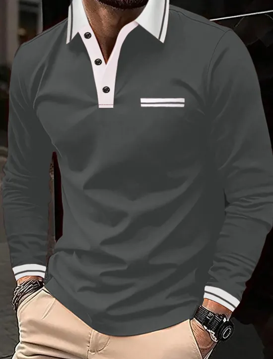 Clearance OUKU Men's Polo Shirt Button Up Polos Casual Sports Lapel Long Sleeve Fashion Basic Color Block Button Pocket Spring & Fall Regular Fit Navy Wine Dark Gray Light Grey Polo Shirt