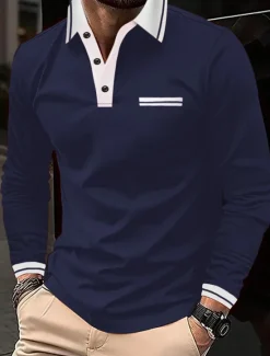 Clearance OUKU Men's Polo Shirt Button Up Polos Casual Sports Lapel Long Sleeve Fashion Basic Color Block Button Pocket Spring & Fall Regular Fit Navy Wine Dark Gray Light Grey Polo Shirt