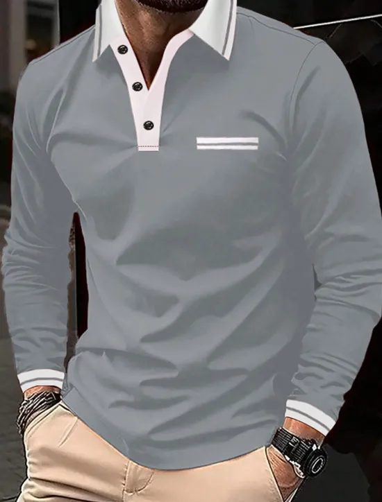 Clearance OUKU Men's Polo Shirt Button Up Polos Casual Sports Lapel Long Sleeve Fashion Basic Color Block Button Pocket Spring & Fall Regular Fit Navy Wine Dark Gray Light Grey Polo Shirt