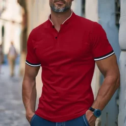 Hot OUKU Men's Polo Shirt Collarless Golf Shirts Casual Holiday Stand Collar Banded Collar Short Sleeve Fashion Basic Plain Button Summer Regular Fit Retro Red Black White Brown Polo Shirt
