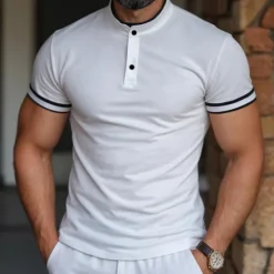 Discount OUKU Men's Polo Shirt Collarless Golf Shirts Casual Holiday Stand Collar Short Sleeve Fashion Basic Plain Button Summer Regular Fit Dark Brown Dark Red Black White Polo Shirt